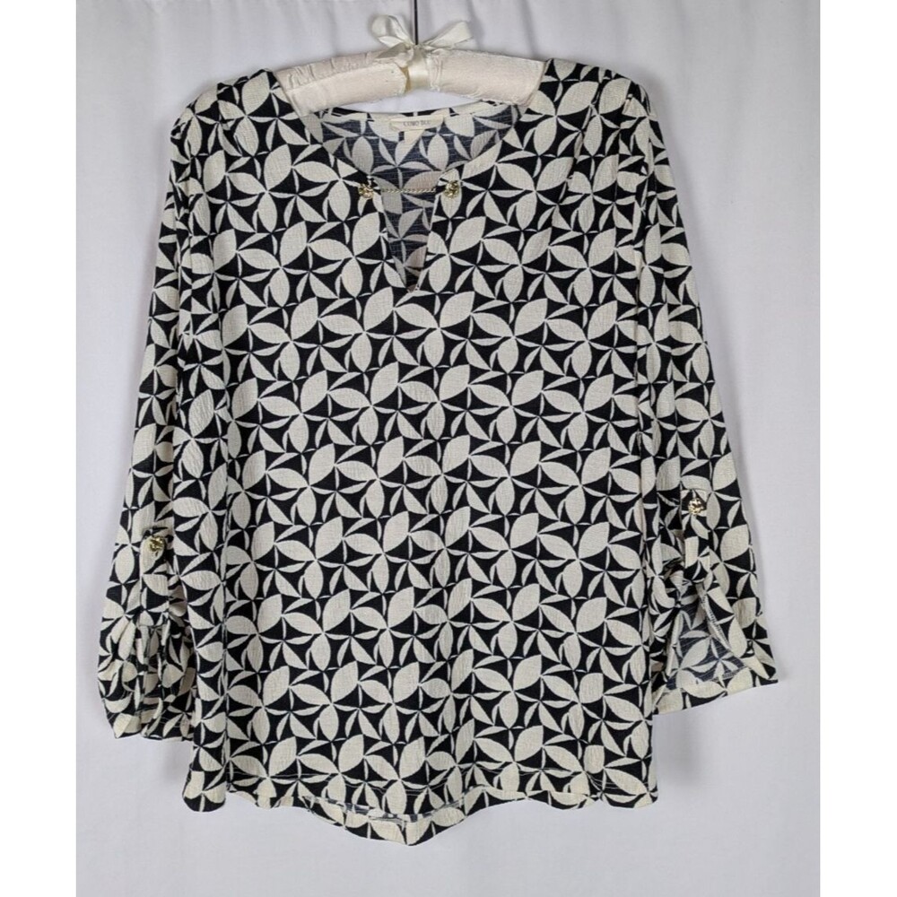 Como Blu Black White Geometric V-Neck Roll Tab Sleeve Blouse XL Polished Work